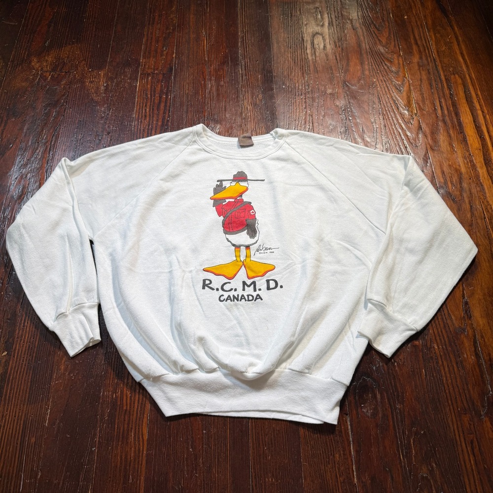 Vintage 1986 RCMD Sweatshirt Mens XL White Canada Duck John Baron 80s